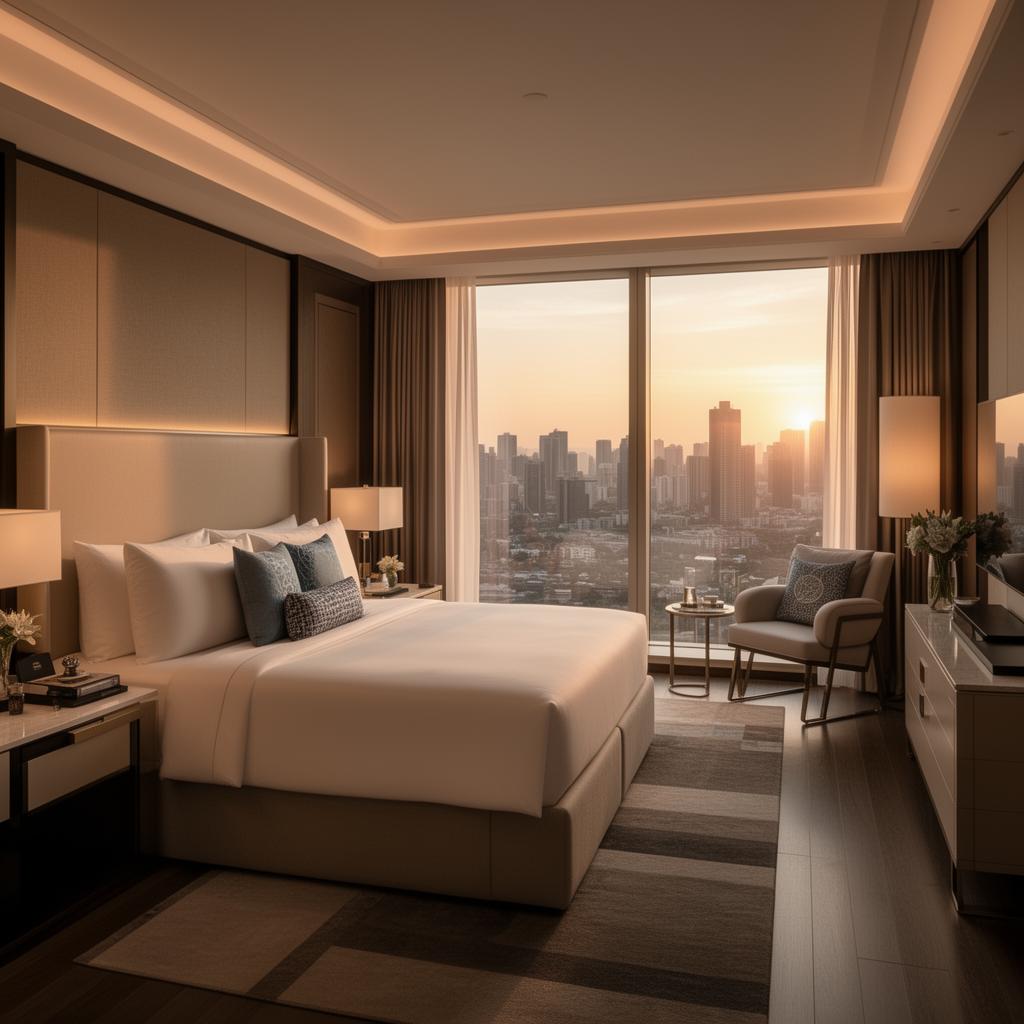 Chambre haut de gamme d'hôtel en copropriété avec vue sur la skyline