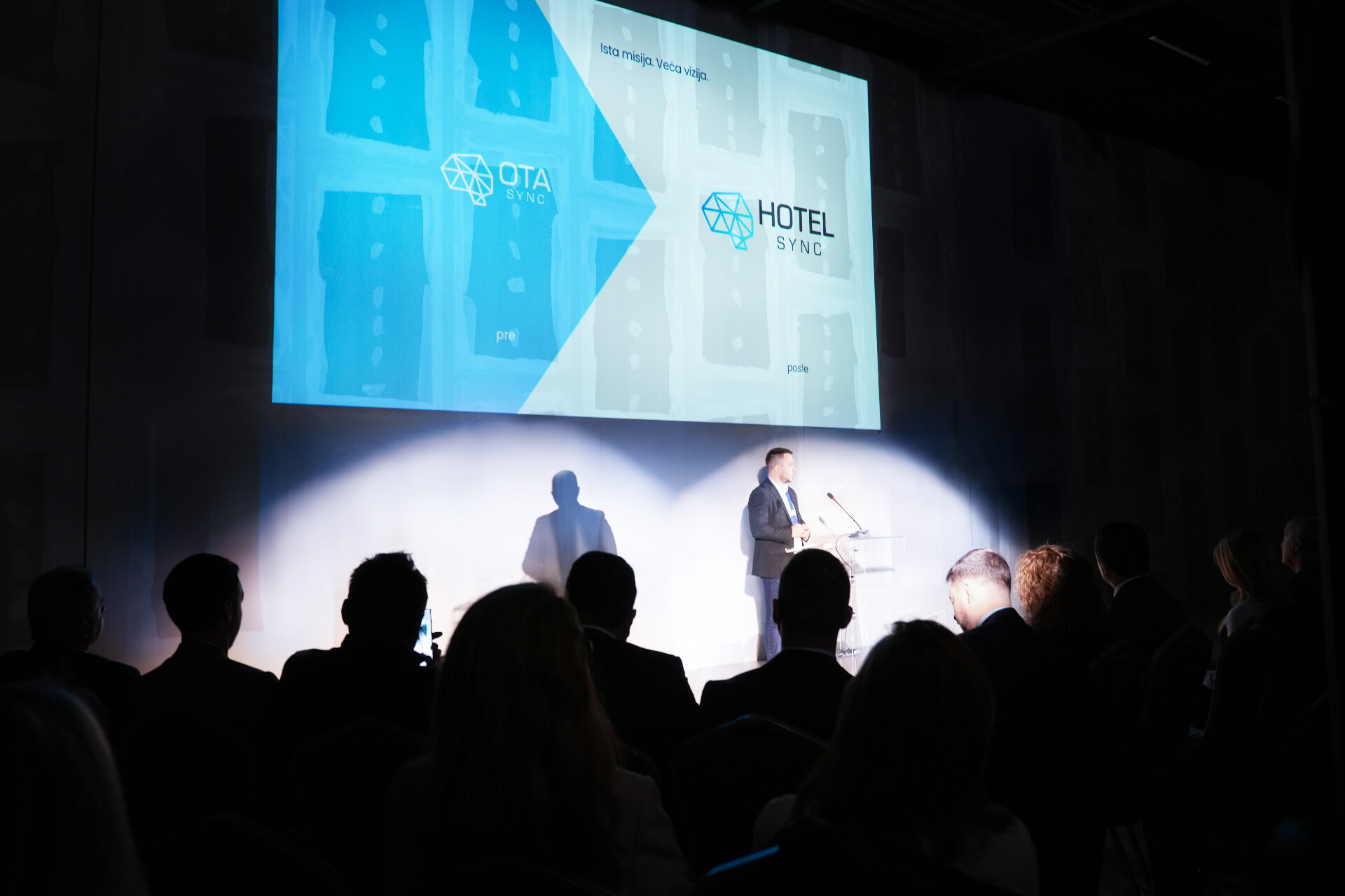 Présentation du changement de marque HotelSync sur scène, illustrant la transition d'OTA Sync vers HotelSync