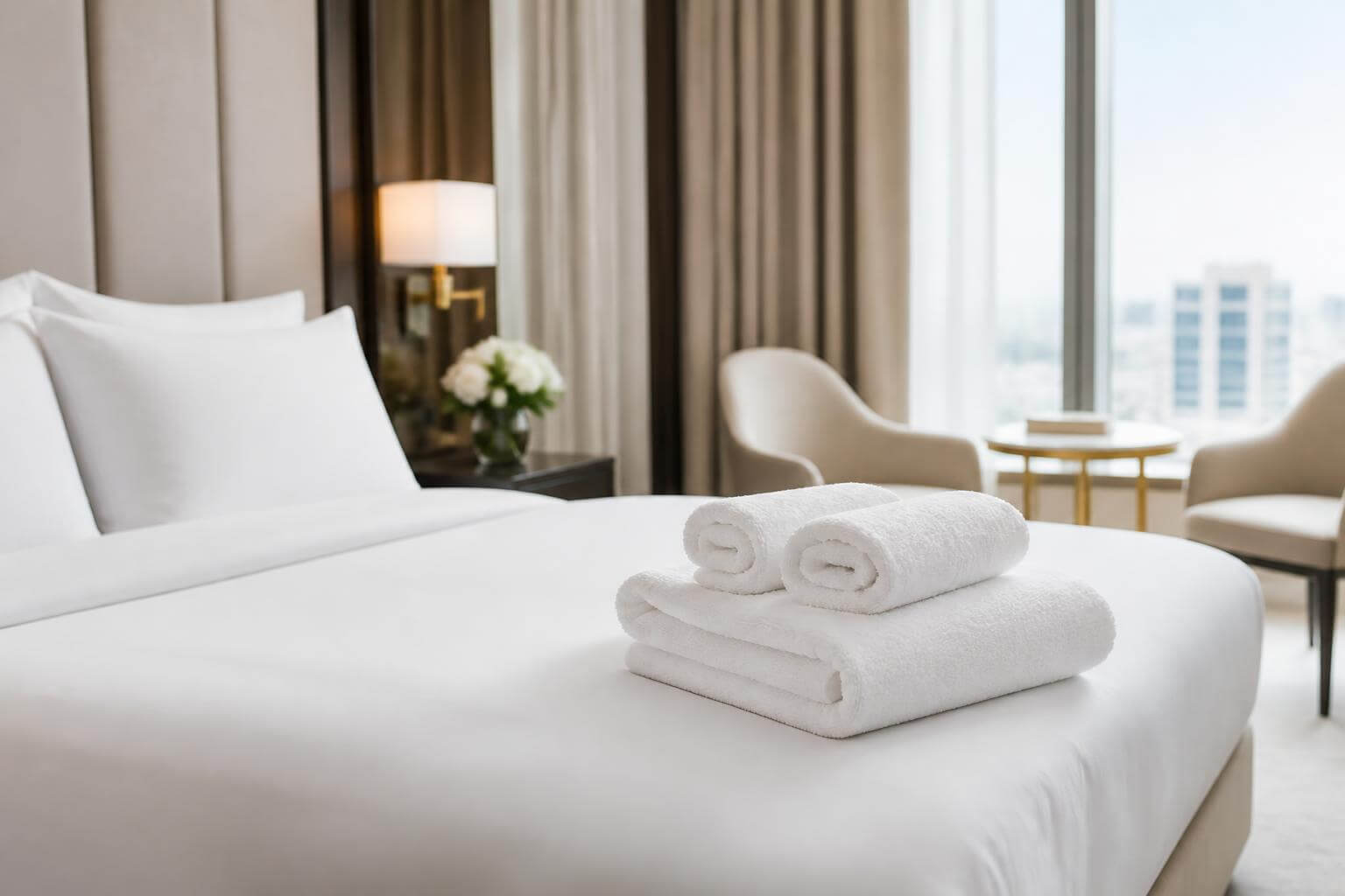 Chambre d'hôtel de luxe avec des serviettes blanches soigneusement pliées sur un lit fraîchement fait
